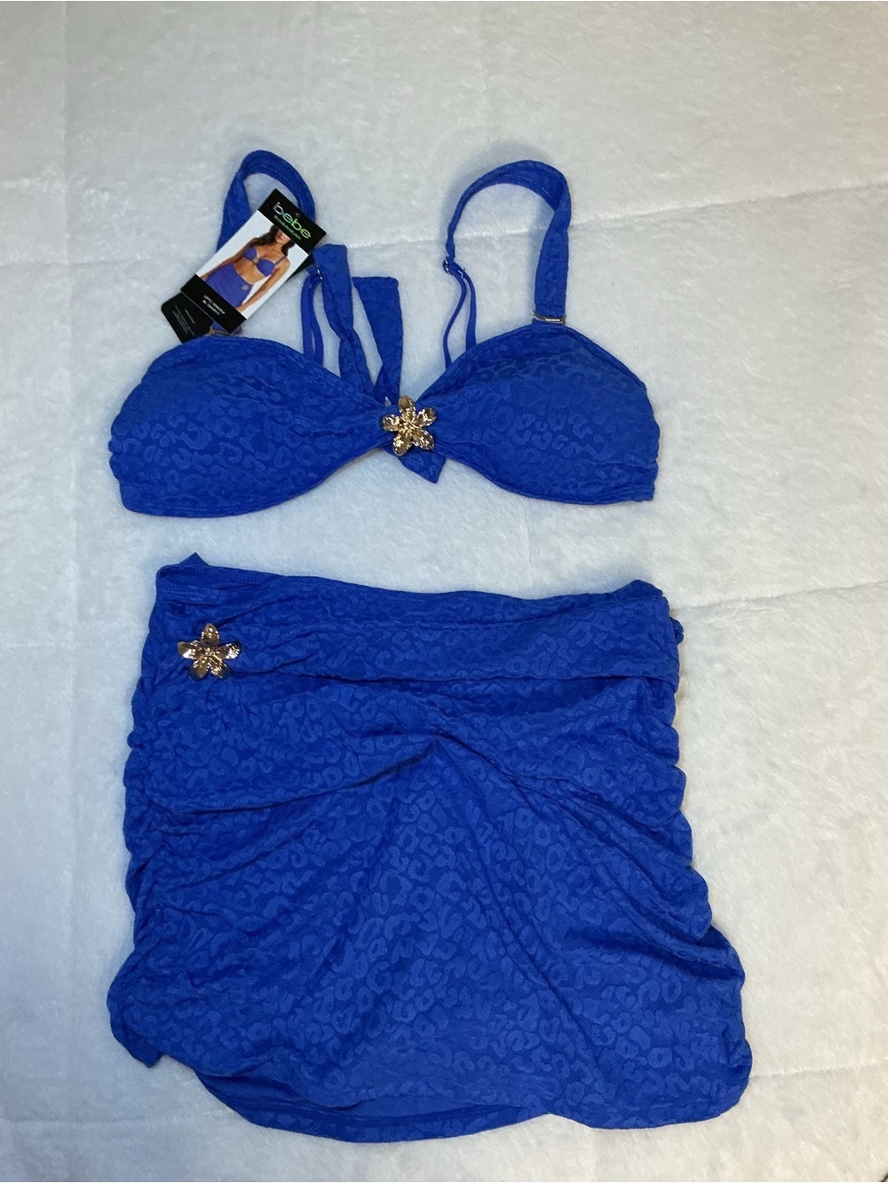bebe Cobalt Blue Bikini Set with Gold Flower Accents